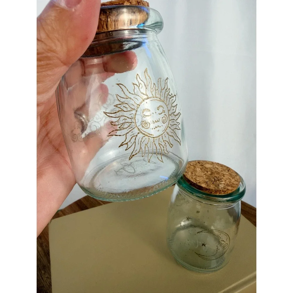 Set of 2 Hand Etched Celestial Glass Jars Cork Lids Sun Moon Apothecary Bottles